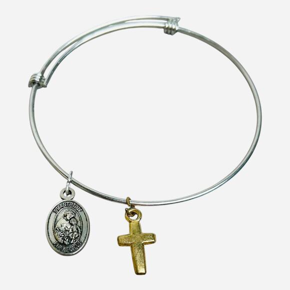 Silver Tone Sliding Bangle Religious Charms Cross St Anthony St Jude Medal Charm - Picture 2 of 4
